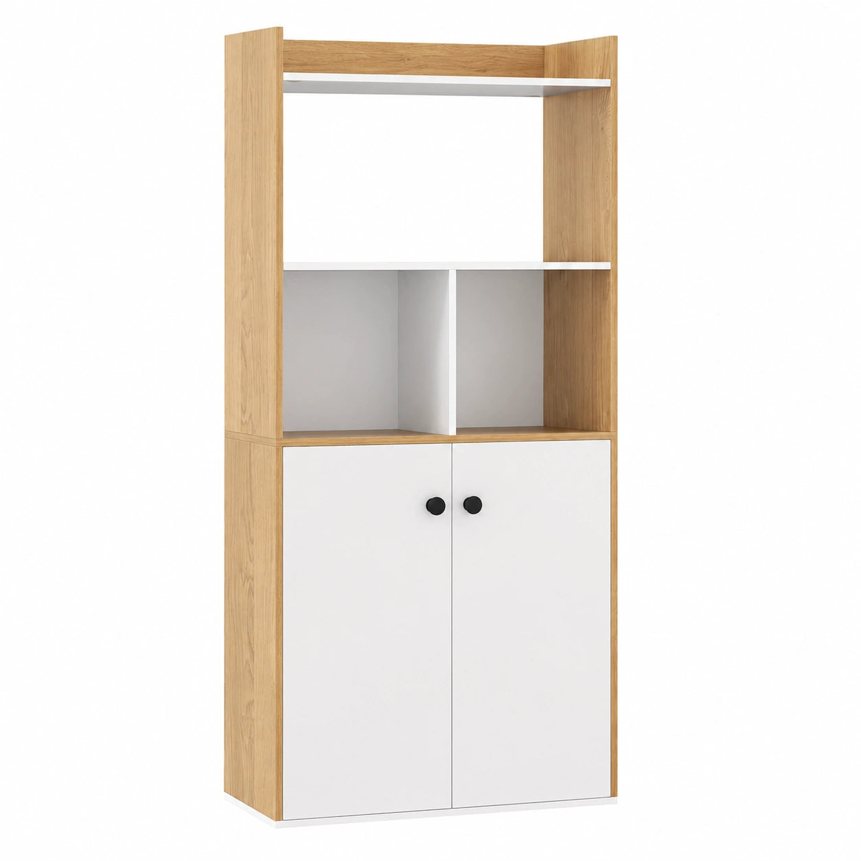 Bibliothèque en bois avec armoire et étagères ouvertes, meuble de rangement moderne, blanc et naturel