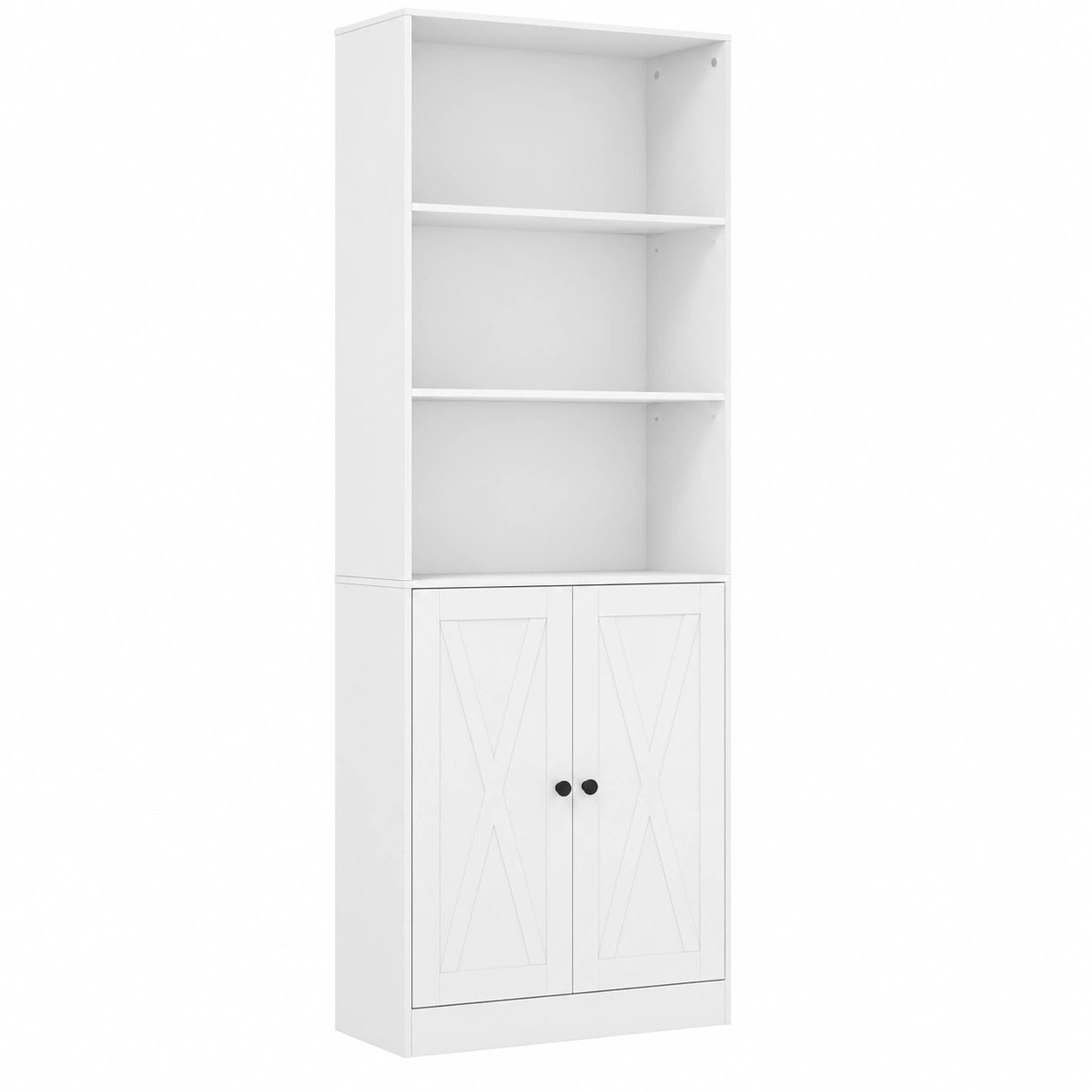 Bibliothèque en bois avec étagères ouvertes et armoire