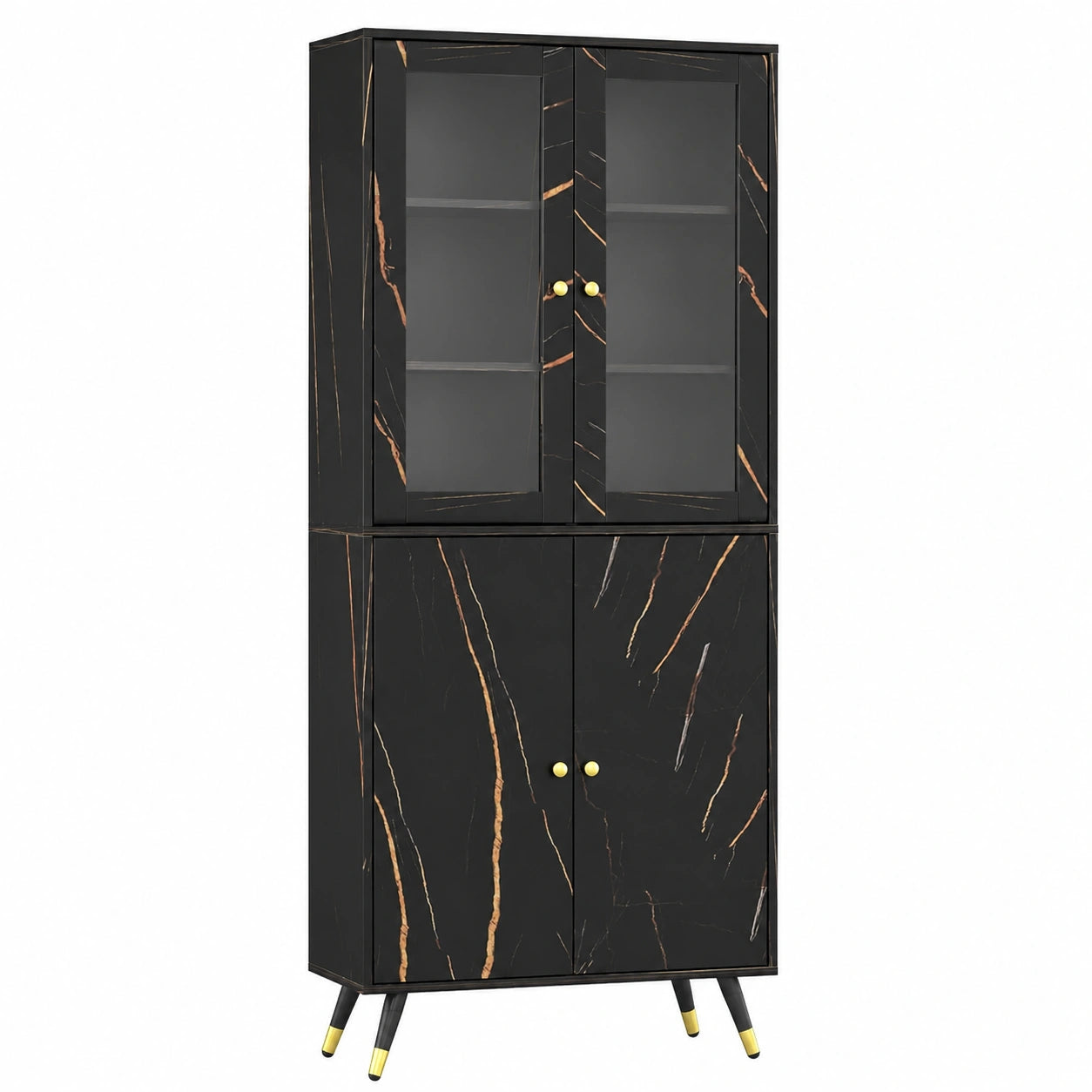 Bibliothèque à 6 niveaux avec étagères ouvertes et porte vitrée, style moderne, pour salon ou bureau, noir