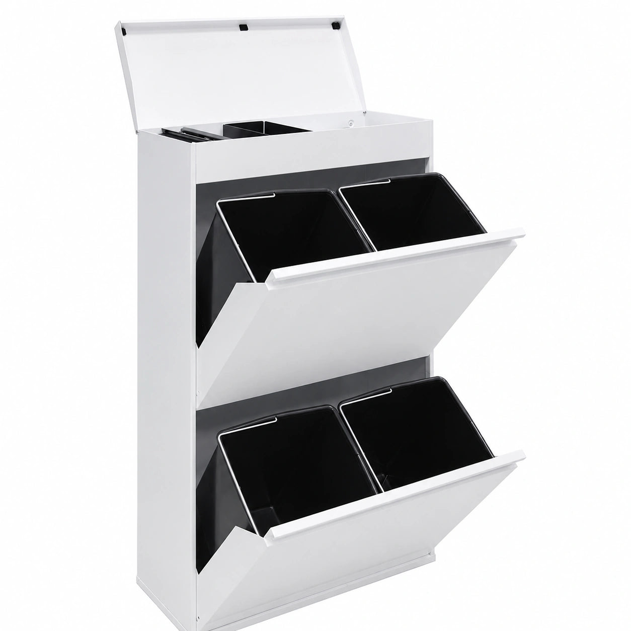 Poubelle de Tri Sélectif en Acier avec 4 Compartiments et Plateau Multifonction, 68L, Blanc