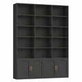 Grande bibliothèque noire avec étagères et portes, idéale pour salon et bureau