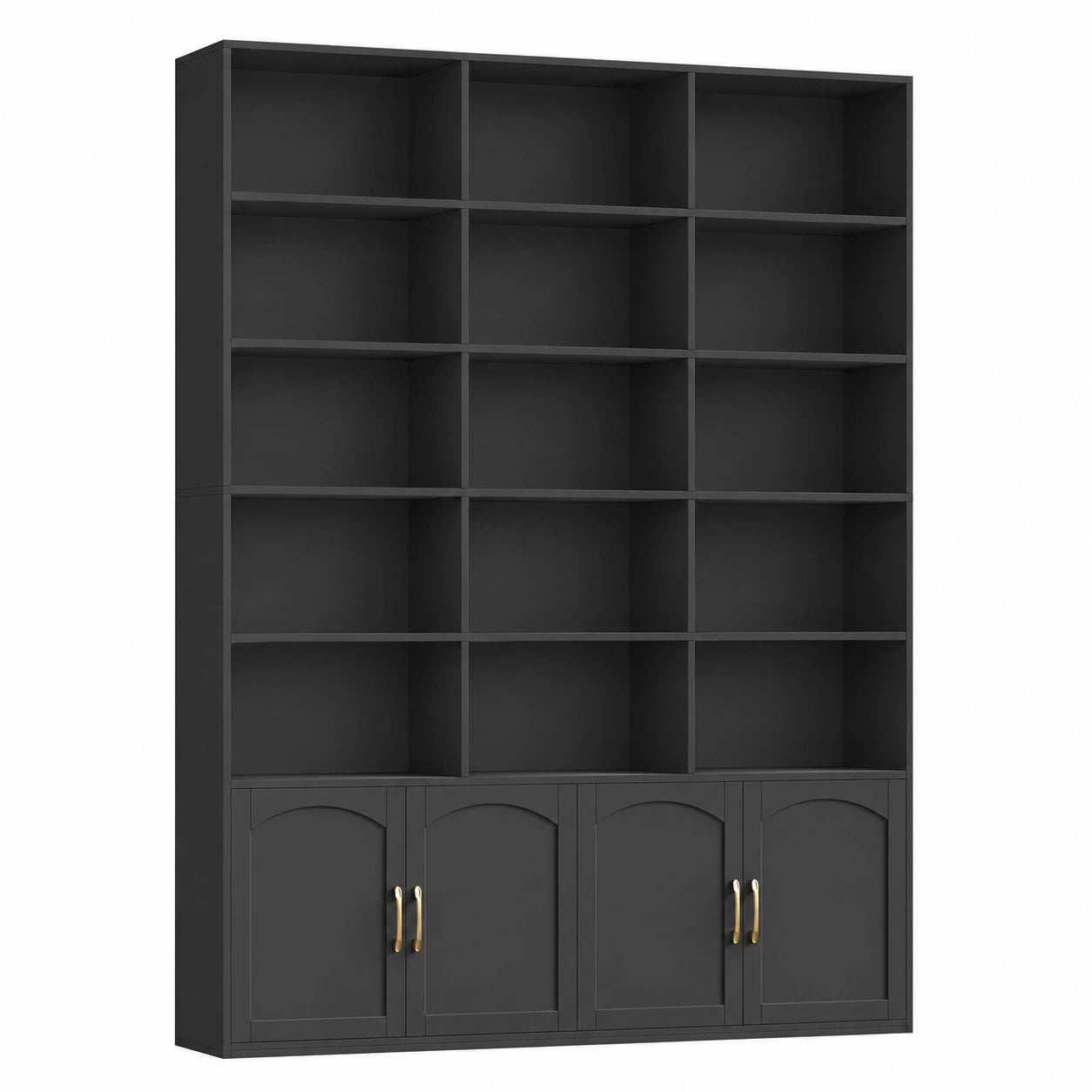 Grande bibliothèque noire avec étagères et portes, idéale pour salon et bureau