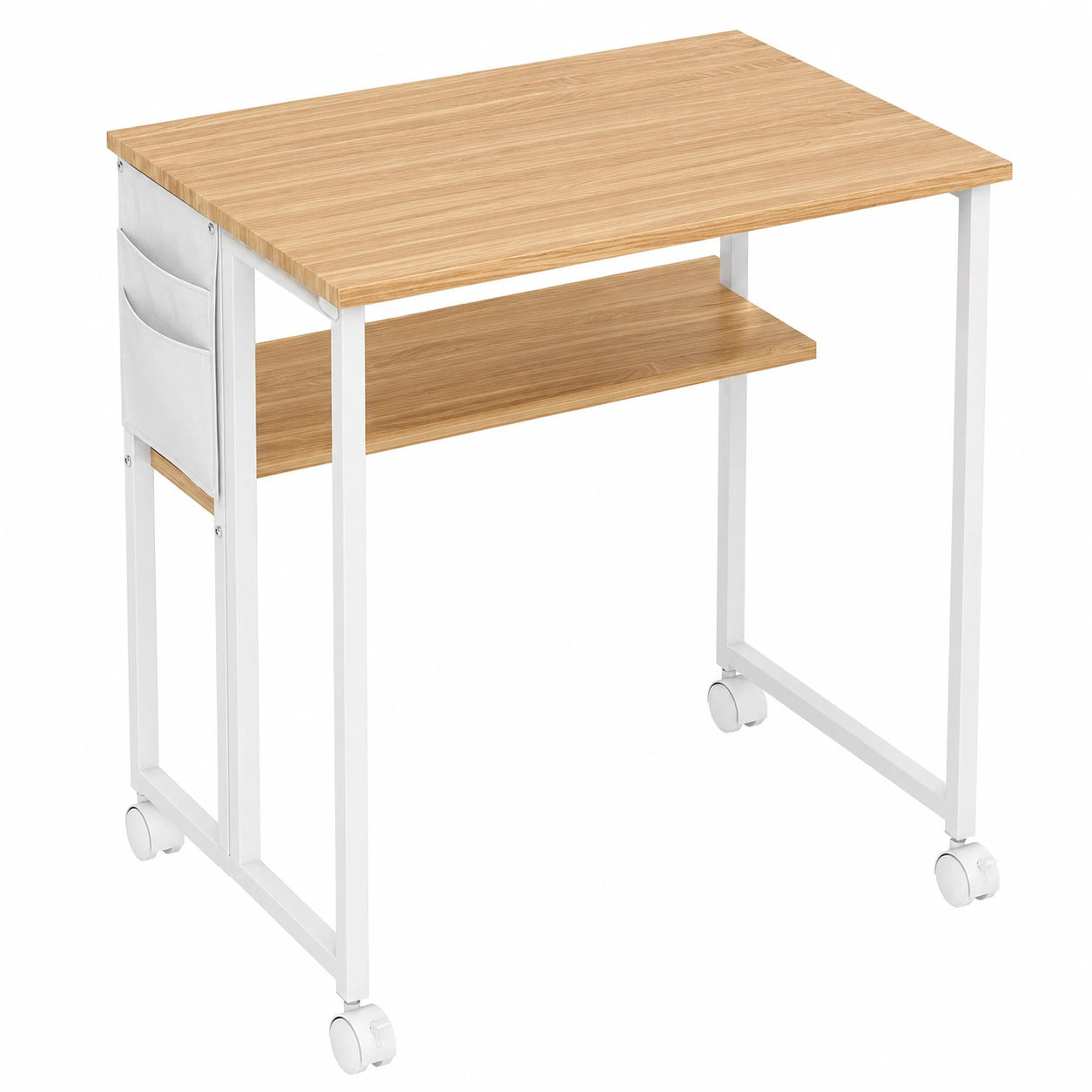 Bureau pliable sur roulettes avec étagère et sac de rangement, idéal pour petits espaces