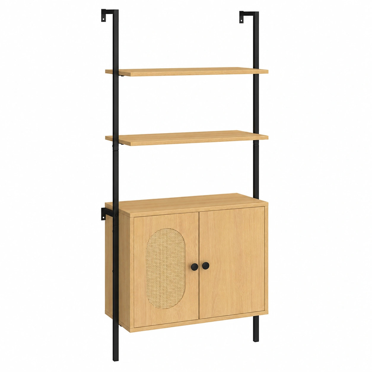 Étagère Échelle 3 Niveaux avec Portes en Rotin et Tablette Ajustable, Cadre Métal